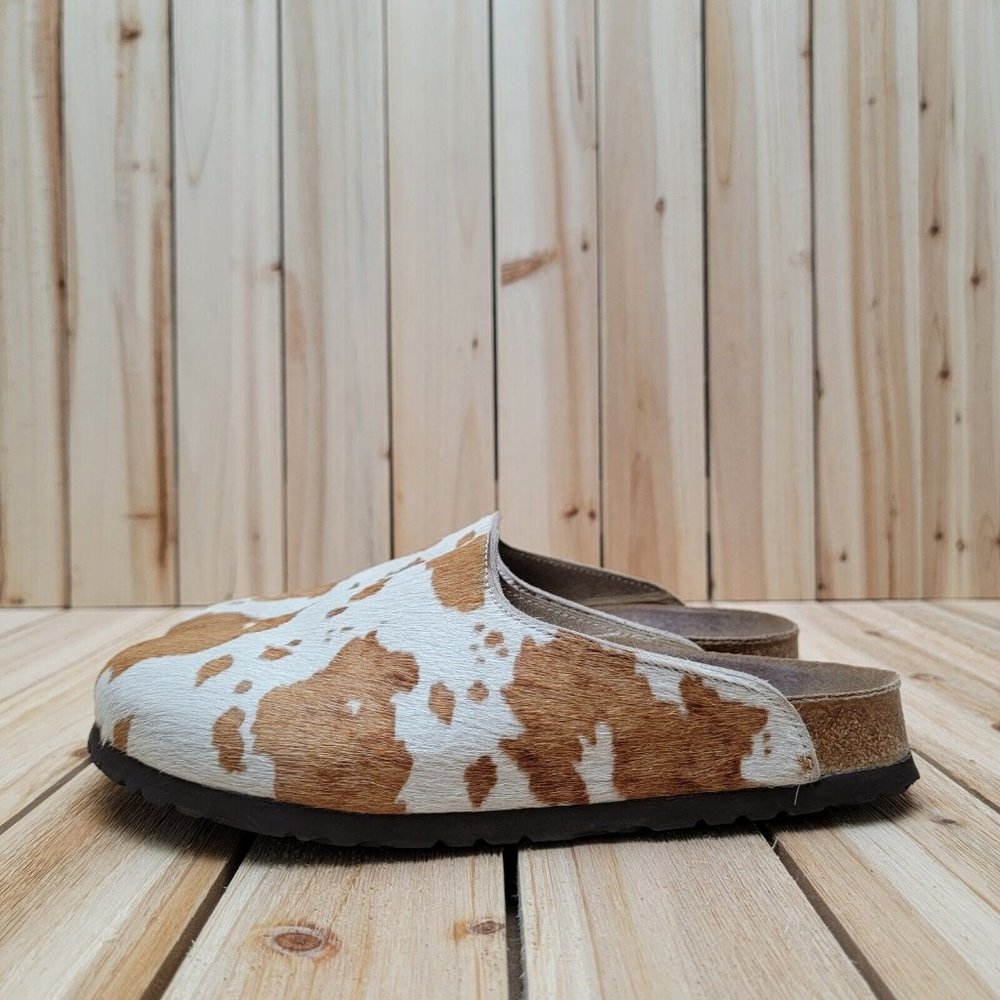Birkenstock Birki's Womens Amsterdam Calf Hair Cow Print Mules Size 8 Shoe Slide